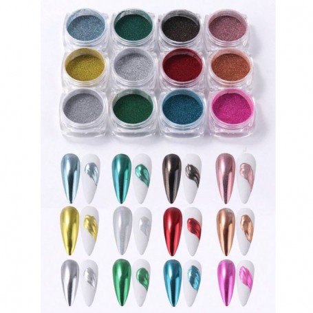 Polvo metálico-cromado para decoración, caja 12 colores
