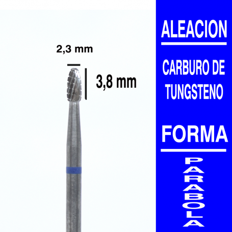 Fresa cabezal de carburo de tungsteno grano medio forma parabola 2,3 x 3,8 mm